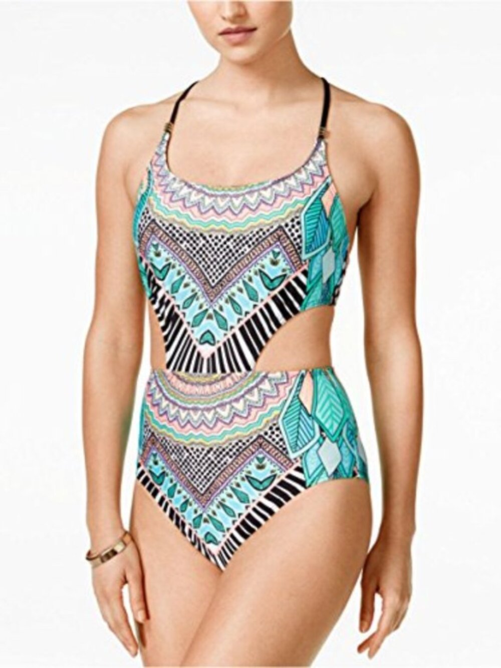 Bar III Flocked Together Cut-Out Monokini One Piece Swimsuit Teal Black Sz L NWT